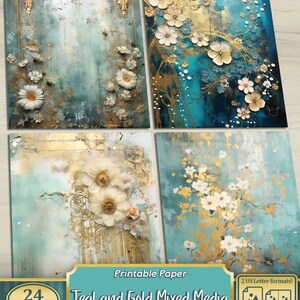 Teal and Gold Mixed Media Junk Journal Art Kit, Digital Papers ...