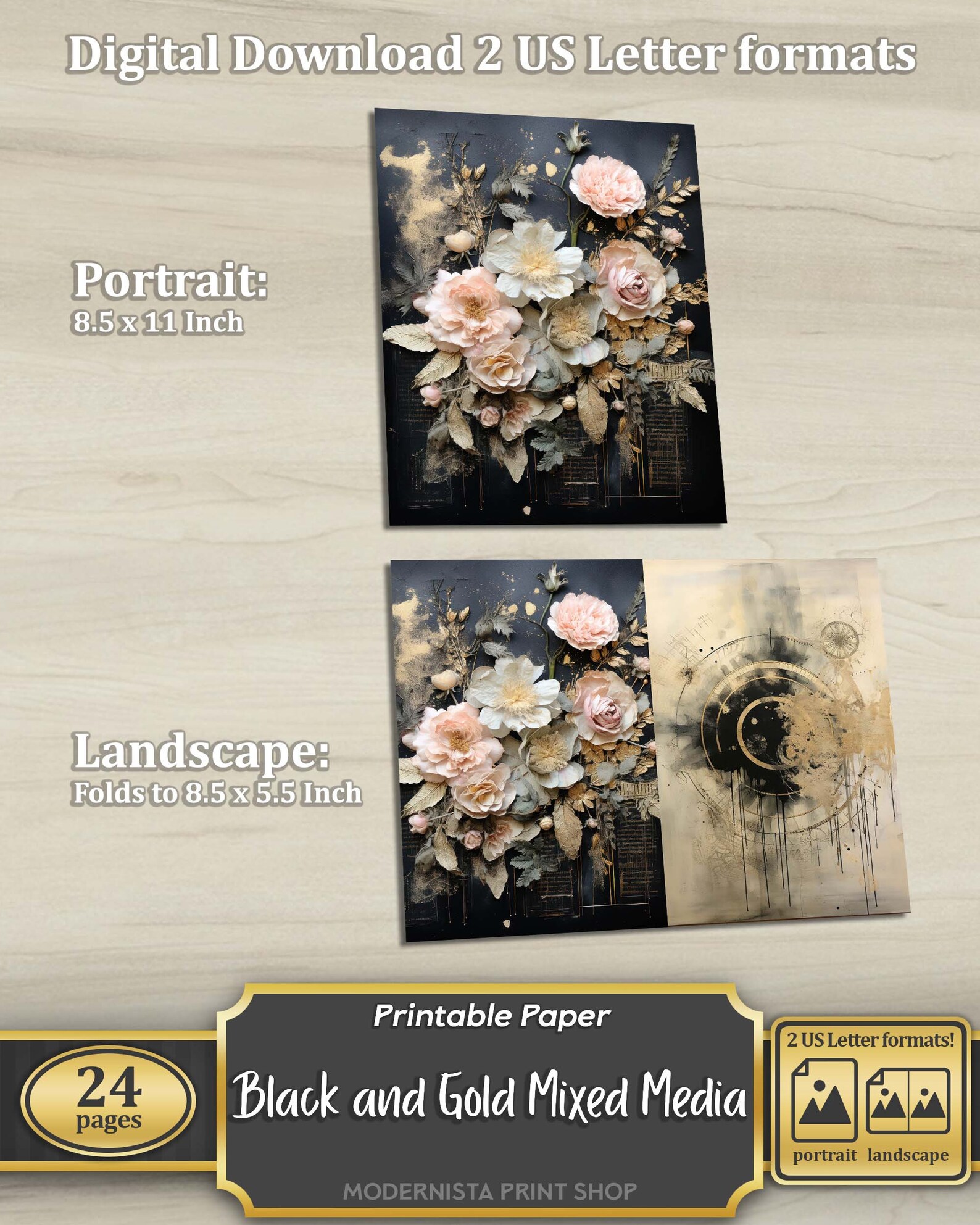 Black and Gold Mixed Media Junk Journal Art Kit, Digital Papers ...