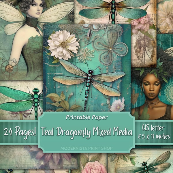 Teal Dragonfly Junk Journal kit Mixed Media, digital papers, teal printable journal pages, journaling papers, digital download, card making