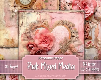 Kit de journal indésirable rose Mixed Media, papiers numériques, pages de journal imprimables roses, papiers de journalisation, téléchargement numérique, fabrication de cartes