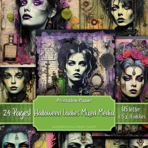 Halloween Ladies junk journal Mixed Media kit, digital papers, printable journal pages, art papers, digital download, card making