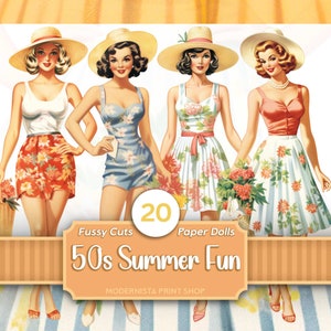 Jaren '50 Dames papieren poppenkit | Poppenjournaal | Kieskeurige snit | Digitale poppenafbeeldingen | Kaarten maken | Vintage ephemera uit de jaren 50 | Stickers | Afdrukbaar