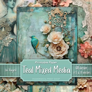 Kit Teal Junk Journal Mídia mista, papéis digitais, páginas de diário imprimíveis em azul-petróleo, papéis de registro no diário, download digital, criação de cartões