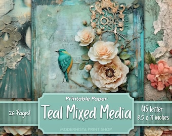 Teal Junk Journal kit Mixed Media, papiers numériques, pages de journal imprimables sarcelles, papiers de journalisation, téléchargement numérique, fabrication de cartes