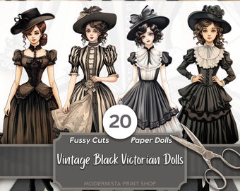 Black Victorian Vintage Paper Dolls Kit | Dolls Journaling | Fussy Cut | Digital Dolls Images | Card Making | Ephemera | Stickers