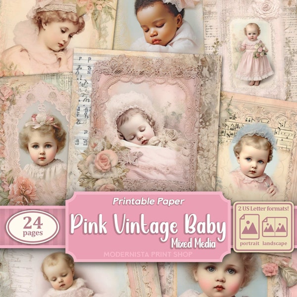 Pink Vintage Baby Junk Journal kit Mixed Media, digital papers, Pink printable journal pages, newborn journaling papers,  scrapbooking