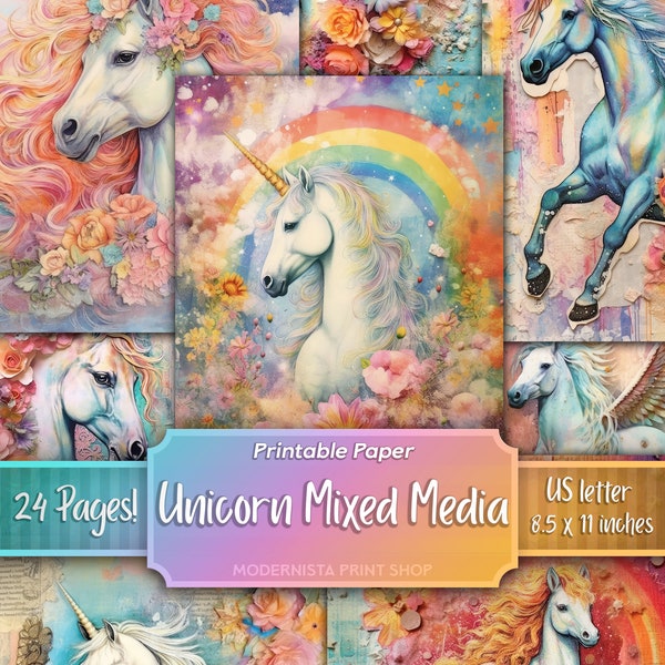 Mixed Media Unicorn Junk Journal kit, digital papers, purple printable journal pages, journaling papers, card making, Rainbow Unicorn