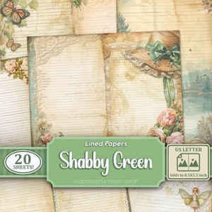 Shabby Green Lined Junk Journal Papers, Papel de escritura digital, Kit de papeles digitales verdes, Efímera verde, Papeles de diario, Fabricación de tarjetas