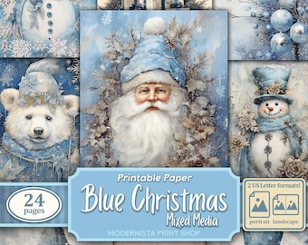 Blue Christmas Junk Journal Kit: Victorian Mixed Media Papers (Digital Download)