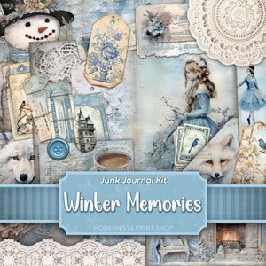 Kit de diario basura de recuerdos de invierno Técnica mixta, artículos digitales, páginas de diario imprimibles en azul, artículos de diario, fabricación de tarjetas, encajes efímeros