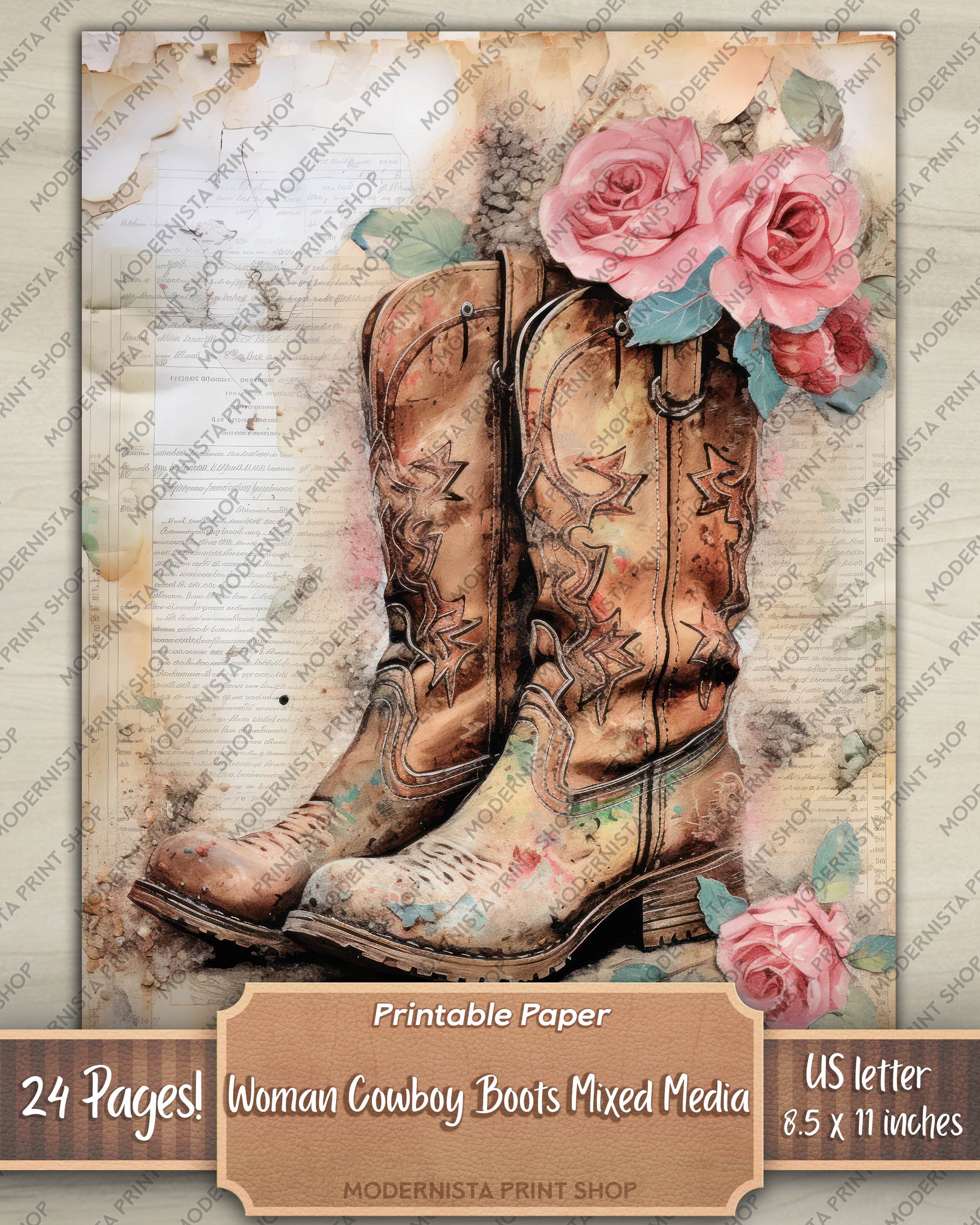 Woman Cowboy Boots Junk Journal Kit Mixed Media, Digital Papers ...