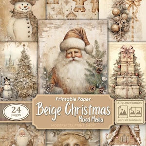 Beige Christmas Junk Journal kit Mixed Media, digital papers, beige printable journal pages, journaling papers,digital download, card making