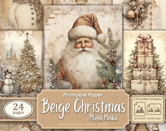 Beige Christmas Junk Journal kit Mixed Media, digital papers, beige printable journal pages, journaling papers,digital download, card making