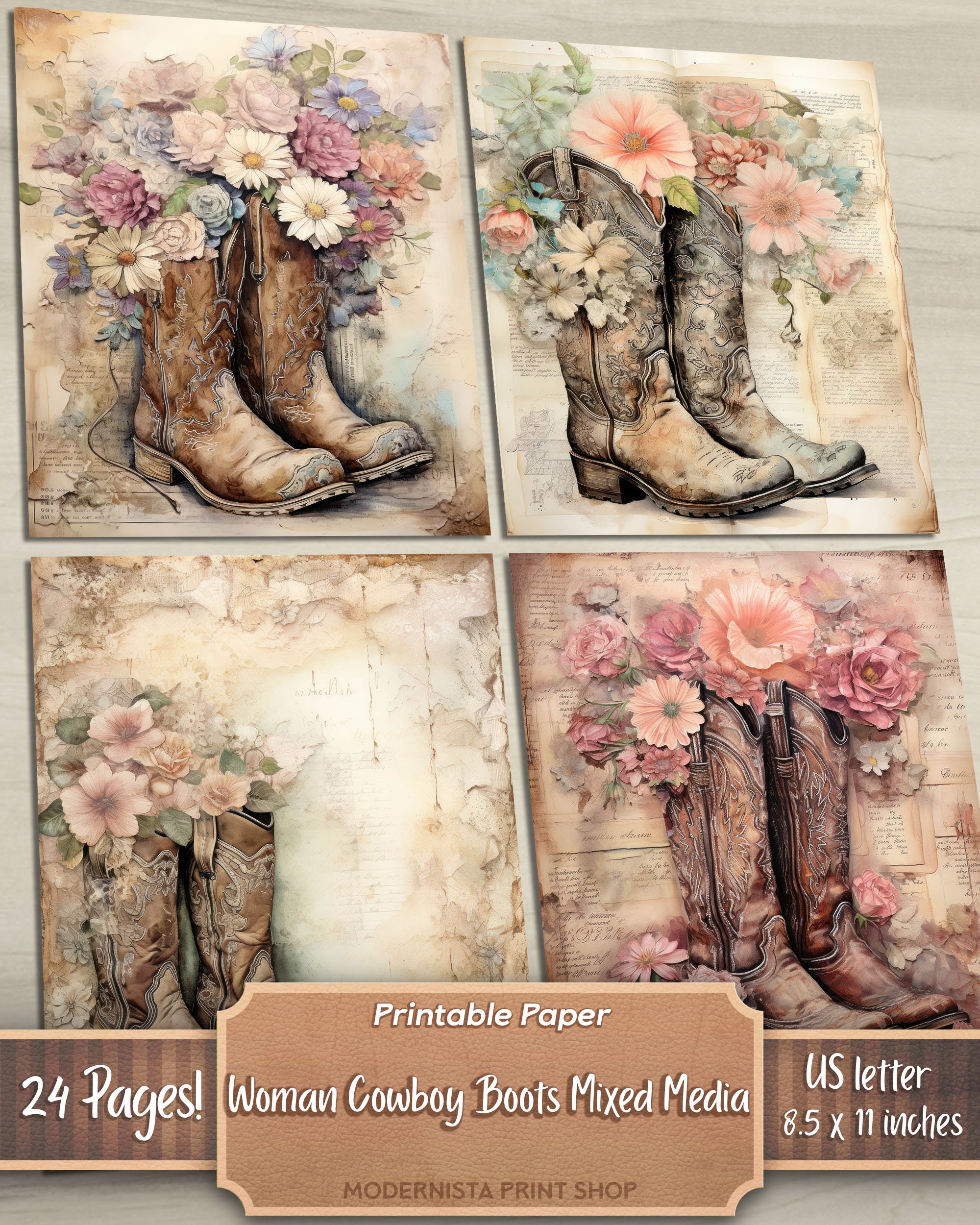 Woman Cowboy Boots Junk Journal Kit Mixed Media, Digital Papers ...