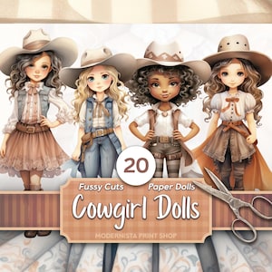 Kit di bambole di carta artistica Cowgirl country / Diario delle bambole / Taglio pignolo / Immagini di bambole digitali / Creazione di cartoline / Forniture per diario delle bambole /