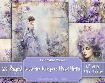 Kit de revues techniques mixtes Lavender Whispers, papiers numériques, pages de journal imprimables violettes, papiers de journalisation, fabrication de cartes, fantaisiste