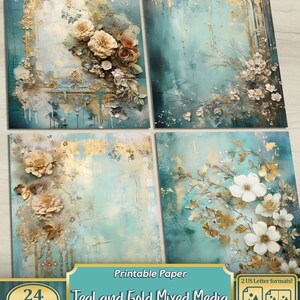 Teal and Gold Mixed Media Junk Journal Art Kit, Digital Papers ...