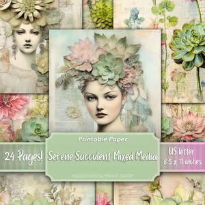 Serene Succulent Mixed Media junk journal kit, digitale papieren, afdrukbare dagboekpagina's, journaling papers, digitale download, kaarten maken
