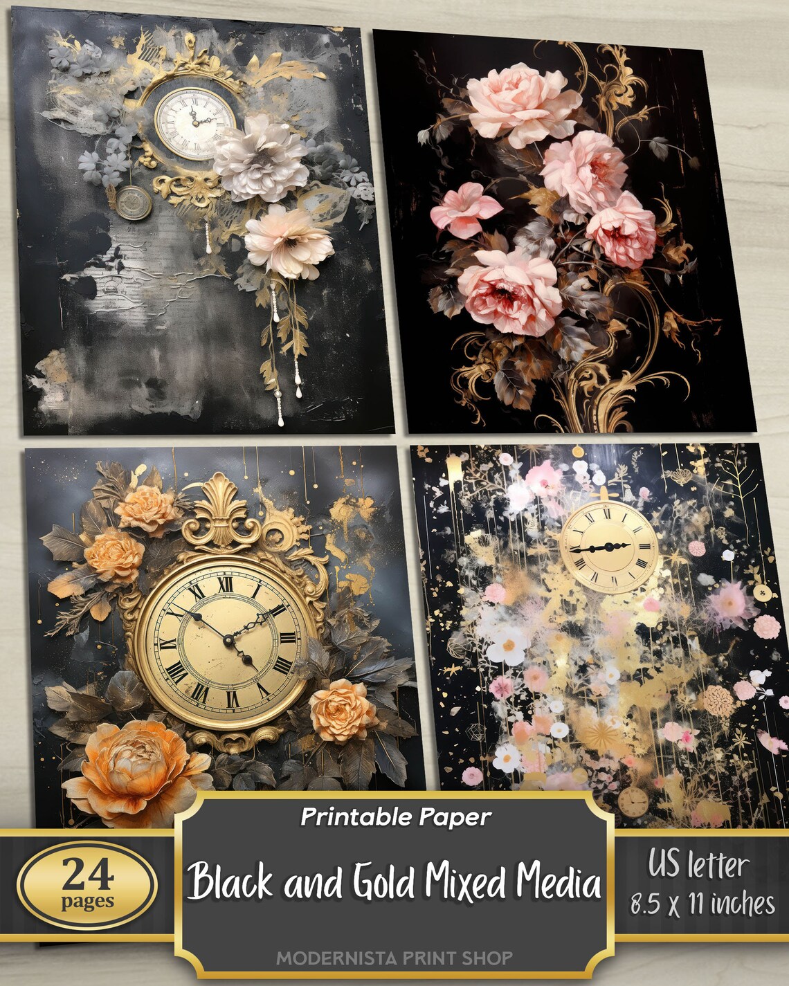 Black and Gold Mixed Media Junk Journal Art Kit, Digital Papers ...