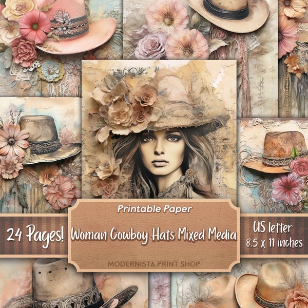 Woman Cowboy Hats Mixed Media Junk Journal kit, digital papers, printable journal pages, journaling papers, digital download, card making