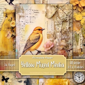 Mixed Media Yellow kit diario spazzatura, documenti digitali, pagine di diario stampabili gialle, documenti di diario, sfondo giallo, creazione di carte