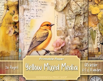 May include: Printable paper pack with 26 pages of yellow mixed media designs. The designs feature a yellow bird, flowers, vintage music sheets, and a clock. The paper is 8.5 x 11 inches.