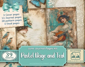 Kit de journal indésirable beige pastel et sarcelle, papiers numériques techniques mixtes, pages de journal imprimables sarcelle, papiers de journalisation, fabrication de cartes numériques