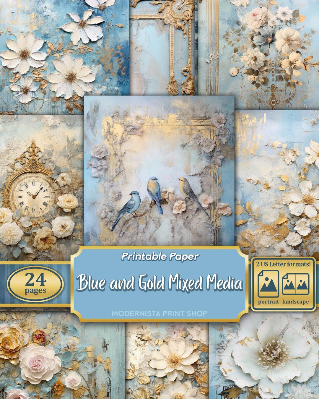 Blue and Gold Mixed Media Junk Journal Art Kit, Digital Papers ...