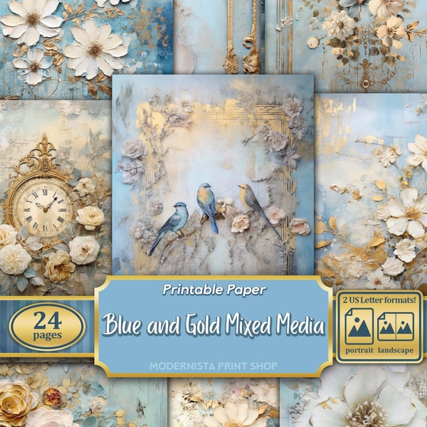Blue and Gold Mixed Media Junk Journal art kit, digital papers,  printable journal pages, blue and gold journaling papers, card making