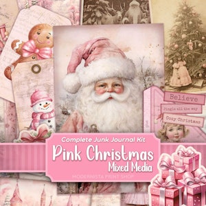 Kit completo de diário lixo rosa de Natal Mídia mista, papéis digitais, páginas de diário rosa imprimíveis, papéis de registro no diário, criação de cartões