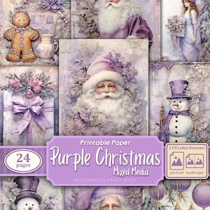 Purple Christmas Junk Journal kit Mixed Media, papiers numériques, pages de journal imprimables, papiers de journalisation, téléchargement numérique, fabrication de cartes