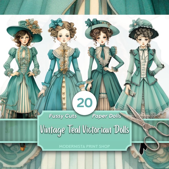 Teal Victorian Vintage Paper Dolls Kit | Dolls Journaling | Fussy Cut |  Digital Dolls Images | Card Making | Teal Ephemera | Stickers - Etsy