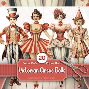 Kit de muñecas de papel de circo victoriano / Diario de muñecas / Corte quisquilloso / Imágenes de muñecas digitales / Fabricación de tarjetas / circo Vintage Ephemera / Pegatinas