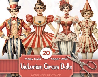 Kit de poupées en papier de cirque victorien | Journal des poupées | Coupe soignée | Images numériques de poupées | Fabrication de cartes | Ephemera vintage de cirque | Autocollants