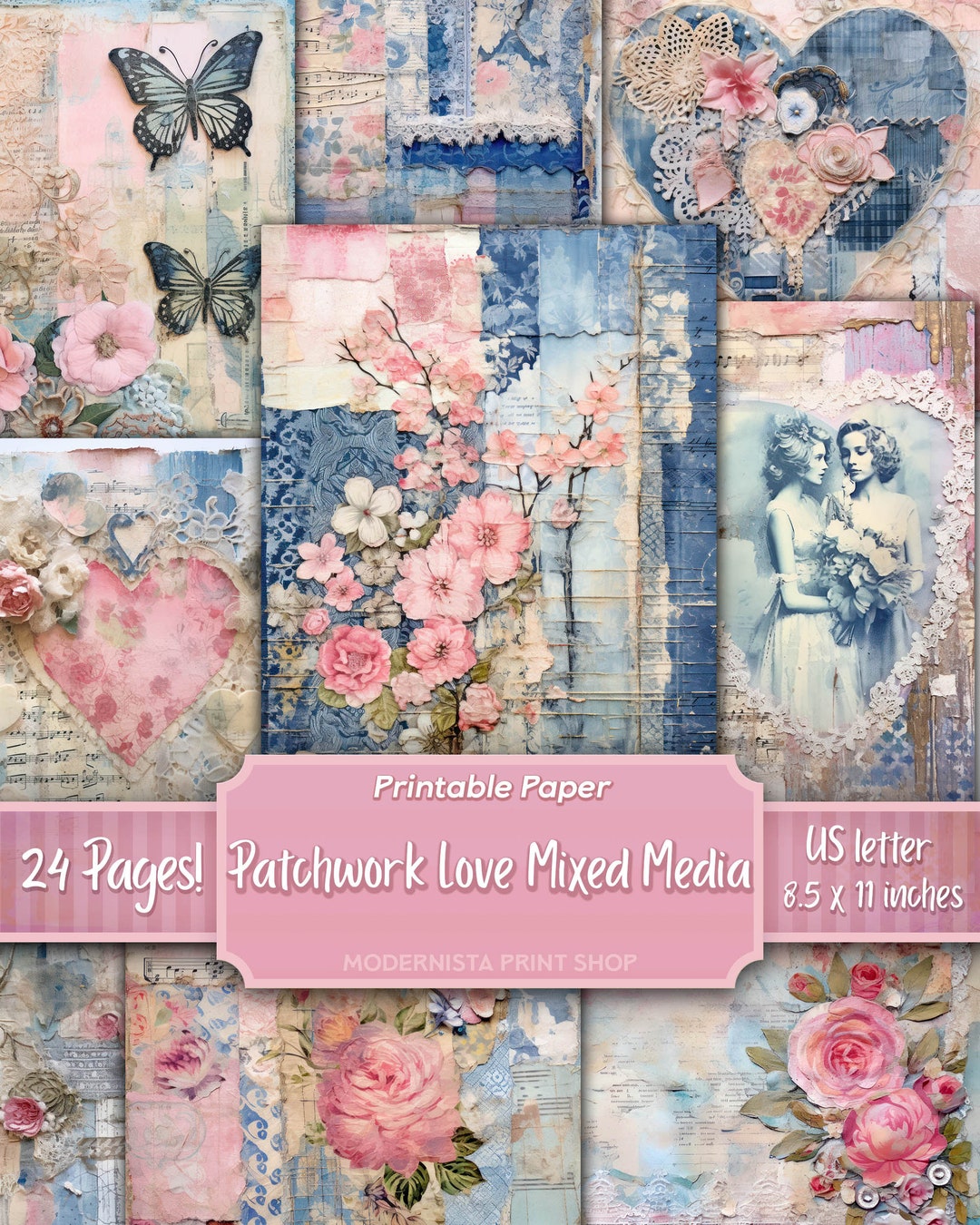 Patchwork Love Mixed Media Art Junk Journal Kit, Digital Papers ...
