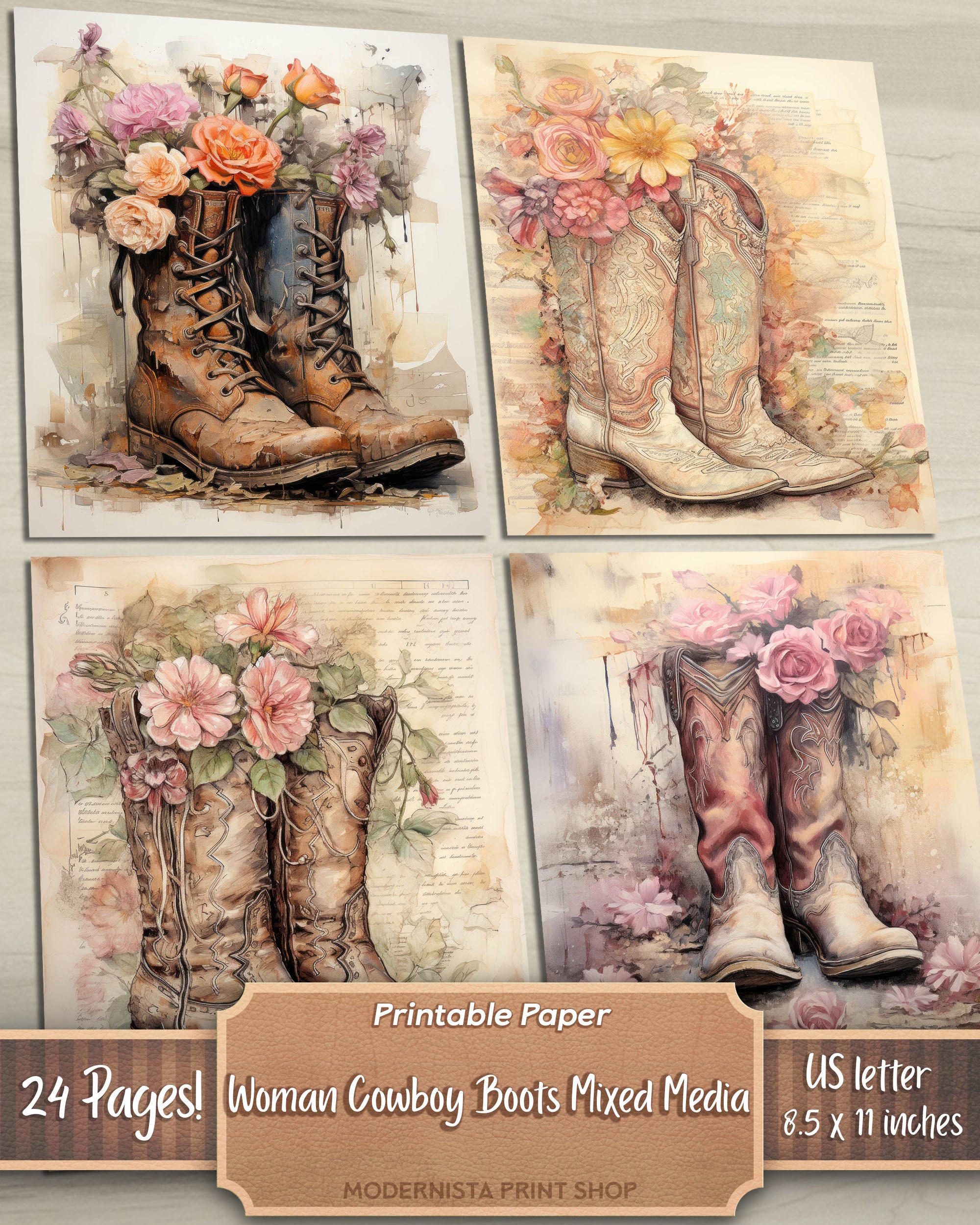 Woman Cowboy Boots Junk Journal Kit Mixed Media, Digital Papers ...