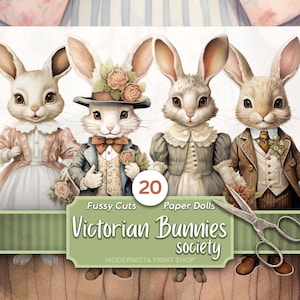 Kit de bonecos de papel de coelhinhos vitorianos | Diário de Bonecas | Corte exigente | Imagens de bonecos digitais | Fabricação de cartões | Coelhinho Efêmero | Cricut