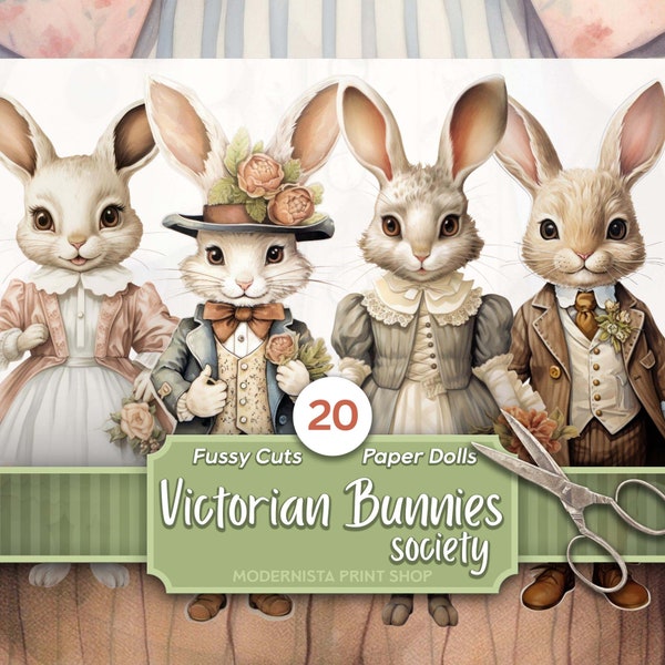 Victorian Bunnies Paper Dolls Kit | Dolls Journaling | Fussy Cut | Digital Dolls Images | Card Making | Bunny Ephemera | Cricut