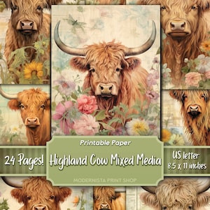 Kit Highland Cow Junk Journal techniques mixtes, papiers numériques, pages de journal imprimables vache, papiers de journalisation, téléchargement numérique, fabrication de cartes
