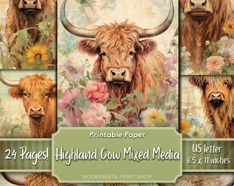 Kit Highland Cow Junk Journal techniques mixtes, papiers numériques, pages de journal imprimables vache, papiers de journalisation, téléchargement numérique, fabrication de cartes