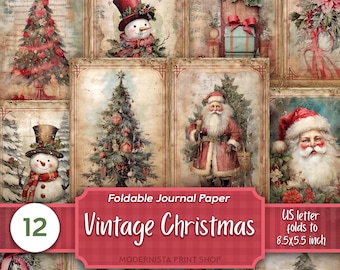 May include: Twelve vintage Christmas themed printable journal pages. The pages feature images of snowmen, Christmas trees, Santa Claus, and a gift box. The pages are designed to be folded into 8.5 by 5.5 inch cards.