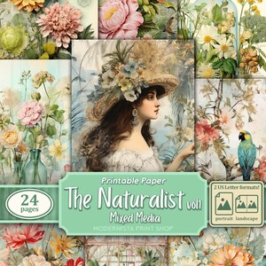 The Naturalist Vol1 Junk Journal kit Mídia mista, papéis digitais, páginas de diário florais para impressão, papéis de registro no diário, download digital