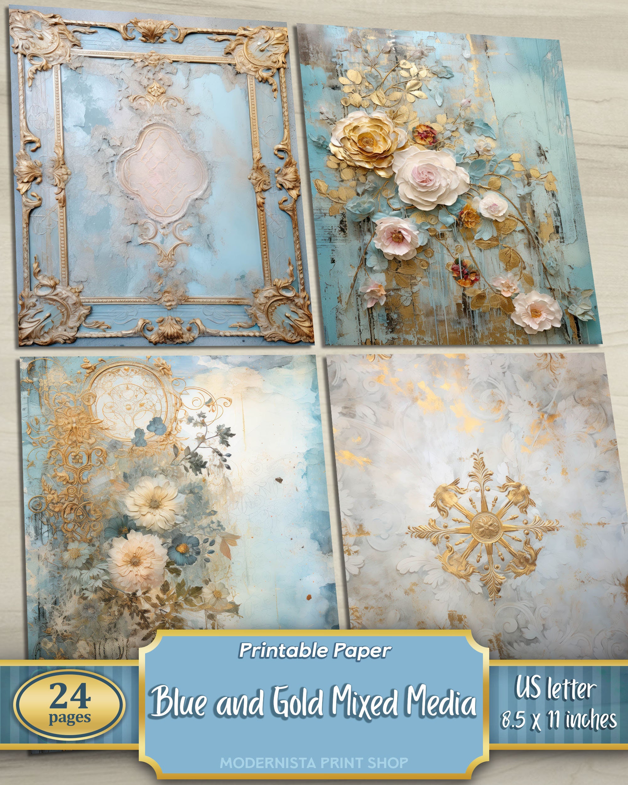 Blue and Gold Mixed Media Junk Journal Art Kit, Digital Papers ...