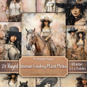 Cowboy Ladies Mixed Media Junk Journal Kit, digitale Papiere, druckbare Journalseiten, Journaling Papiere, digitaler Download, Kartenherstellung