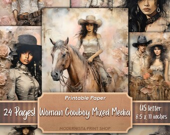 Cowboy Ladies Mixed Media Junk Journal kit, digital papers, printable journal pages, journaling papers, digital download, card making