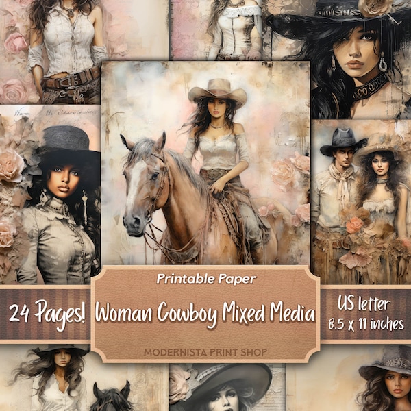 Cowboy Ladies Mixed Media Junk Journal kit, digital papers, printable journal pages, journaling papers, digital download, card making