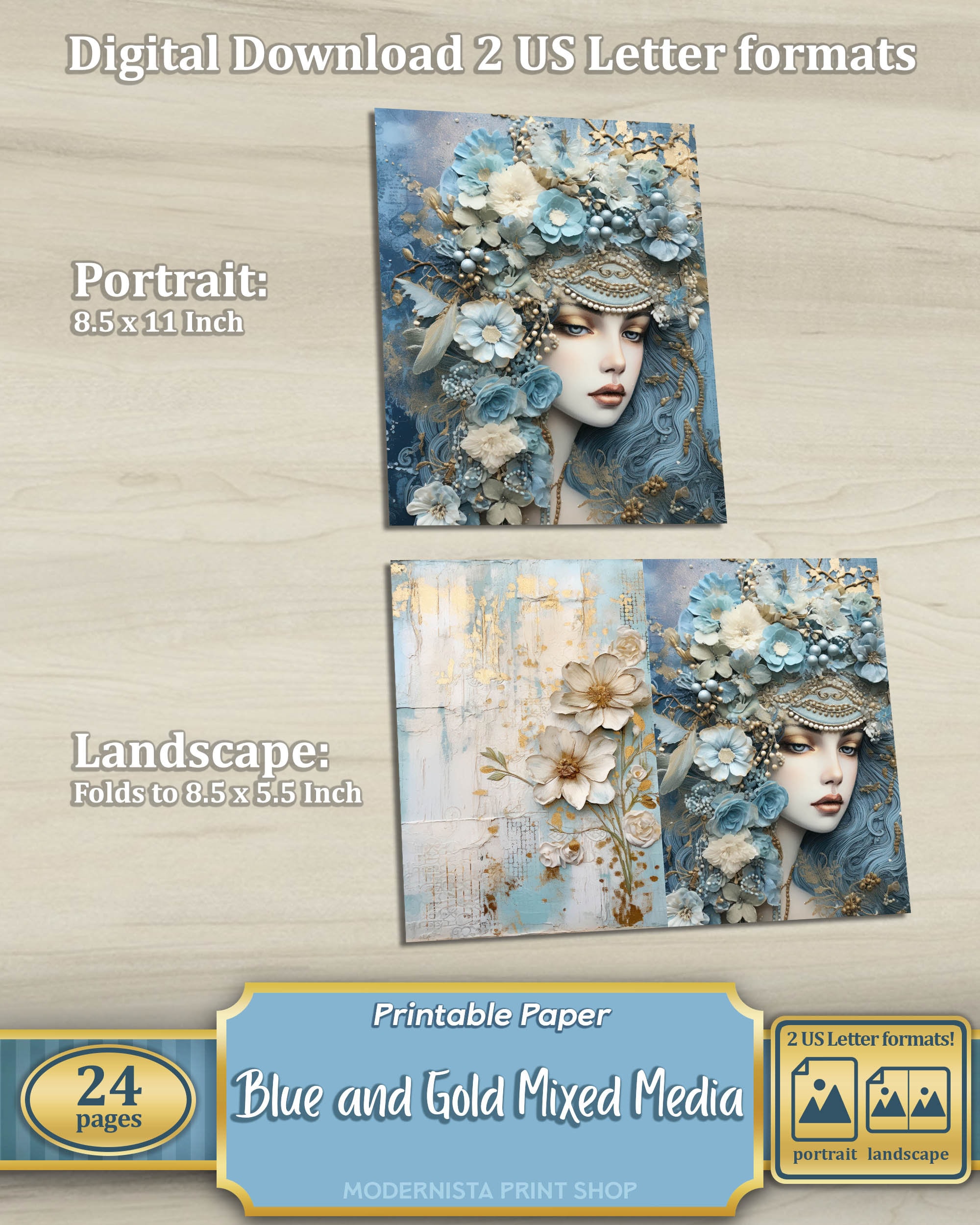Gold Mixed Media Junk Journal Art Kit Bundle, Digital Papers, Printable ...