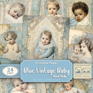 Niebieski Vintage Baby Junk Journal Kit mieszane media, papiery cyfrowe, niebieskie strony dziennika do druku, noworodkowe dokumenty do pamiętnika, scrapbooking