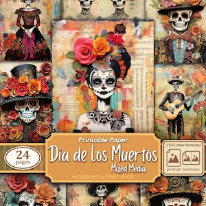 Kit de journal indésirable Dia de Los Muertos Techniques mixtes, papiers numériques, pages de journal d'halloween, papiers de journalisation, téléchargement numérique, fabrication de cartes
