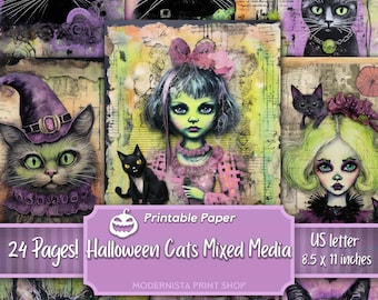 Halloween Cats Junk Journal kit Mixed Media, digital papers, cat printable journal pages, journaling papers, digital download, card making